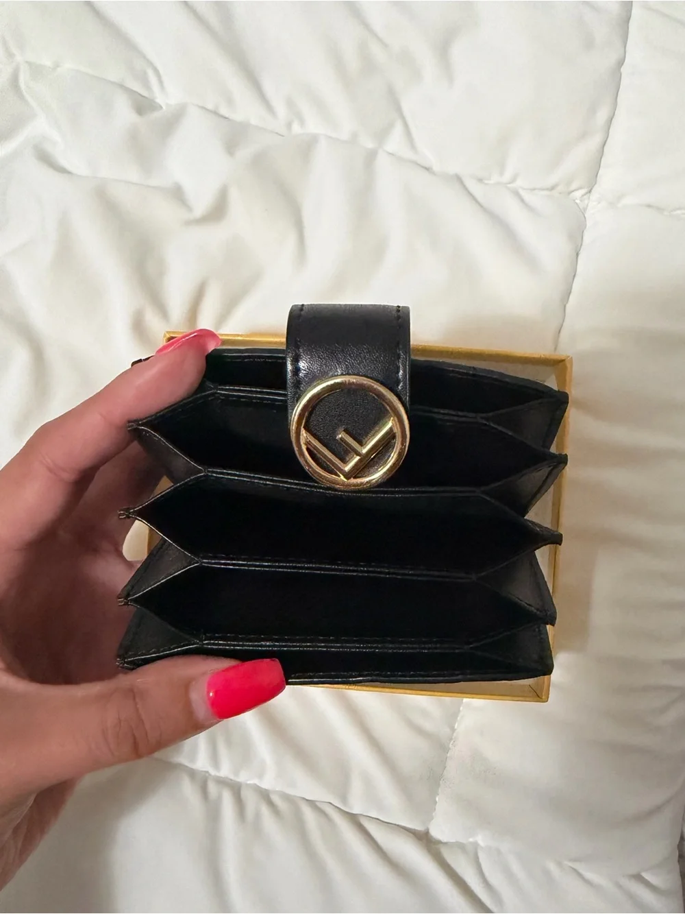Fendi Brown and Black FF Logo Leather Card Wallet with Gold Emblem